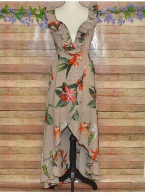 Banjul Size S Tropical Floral Striped High-Low Wrap Maxi Dress Structured Deep V
